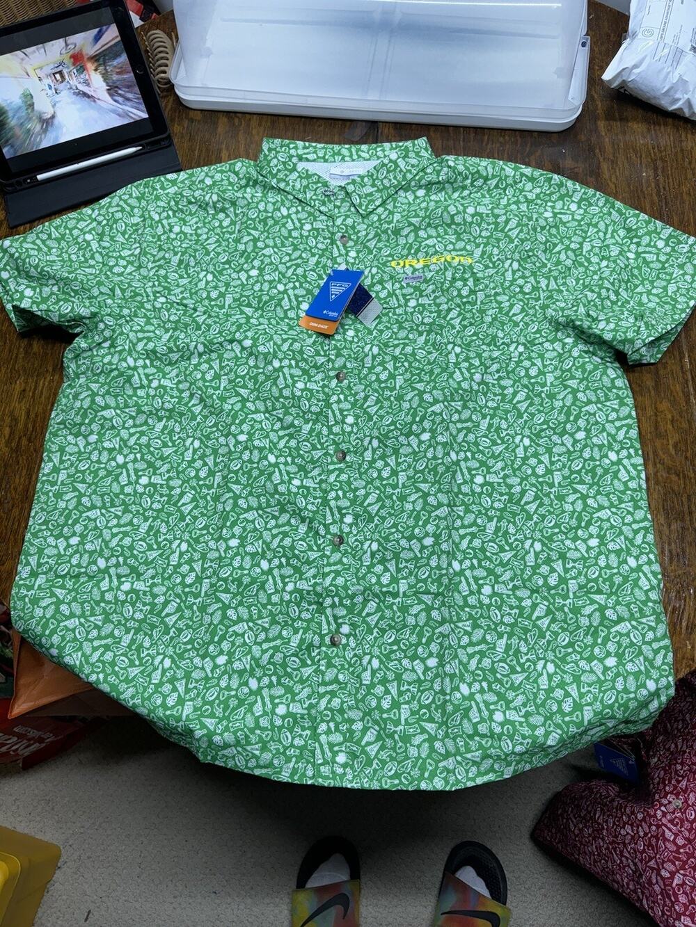 Columbia PFG Shirt Mens 2XL Green White Button Up Oregon Fishing NEW